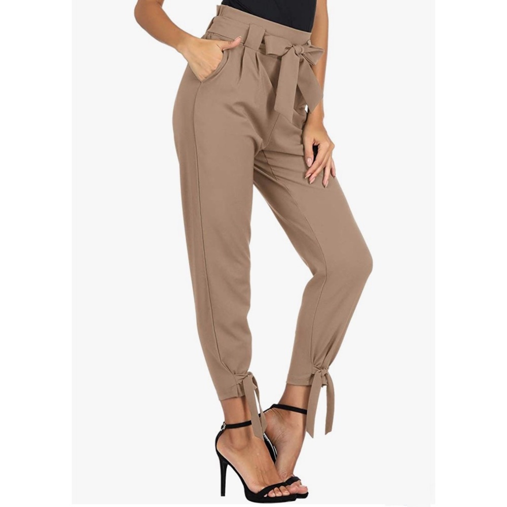 GRACE KARIN High Waist Pencil Pants Bow-Knot tie waist Pocket Work khaki Tan S